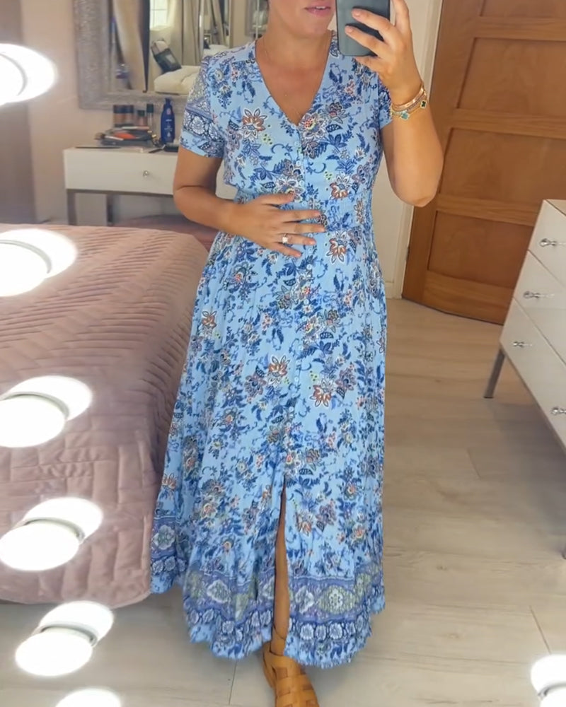 Inka - V-Ausschnitt Kleid - Blumenprint
