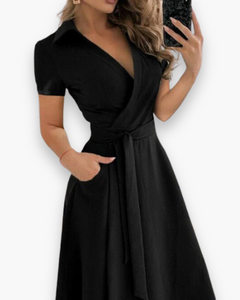 Damen Elegantes Kleid mit Gürtel | Midi in Kleid mit Wickel-V-Ausschnitt