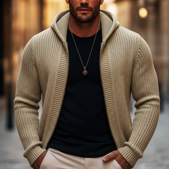 Men's Basic Solid Color Slim Fit Hooded Zip-up Knit Cardigan in Light Khaki