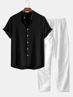 Hemd- und Hosen-Leinen-Sommer-Set für Herren in Schwarz