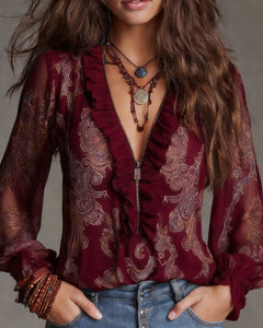 Norayi - Bluse aus Soft-Touch-Material mit Rüschenärmeln, V-Ausschnitt und Print in Burgunderrot