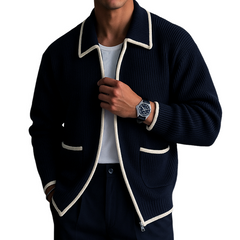 Men's Retro Casual Cable Knit Zipper Sweater Cardigan in Navy