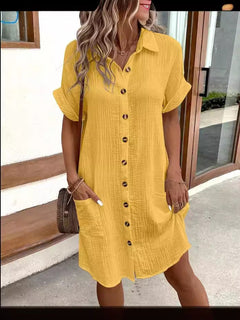 Buttoned Short Sleeve Pocket Casual Shirt Dress in Gelb