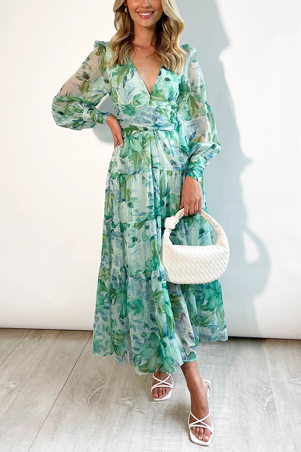 Damen Sommer-Wickelkleid mit V-Ausschnitt und langen Ärmeln