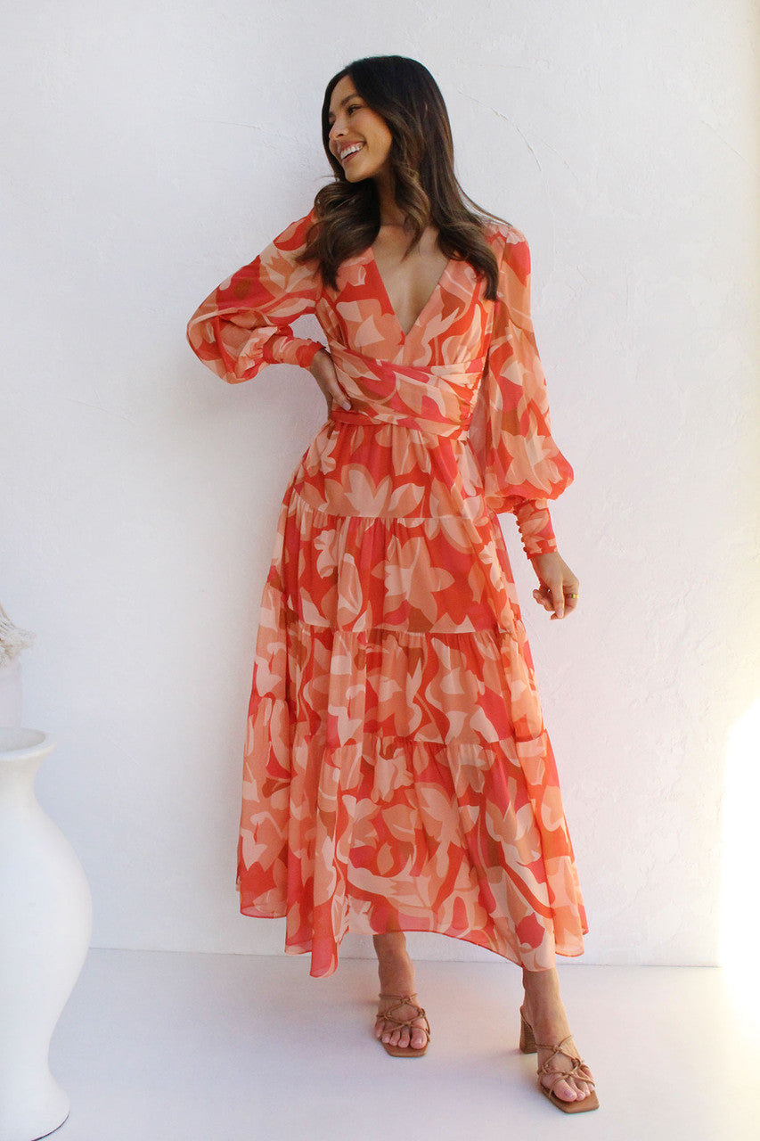 Damen Sommer-Wickelkleid mit V-Ausschnitt und langen Ärmeln