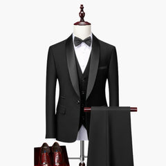 Herren Anzug dreiteilig mit rotem Besatz und Schalkragen in Schwarz / 2 Pcs Satz