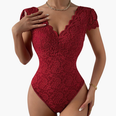 Bodysuit aus Spitze für Frauen - Eleganter V-Ausschnitt in Rot