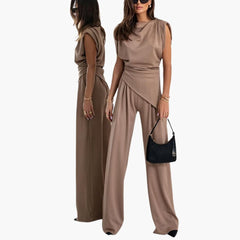 Zweiteiler Damen - Eleganter Hosenanzug mit weitem Bein in Khaki