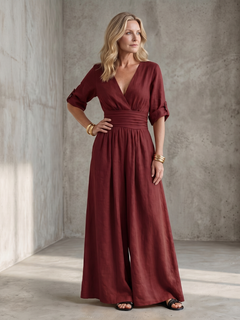 Wanda | Kreuz-Front Weitbeiniger Jumpsuit in Rot