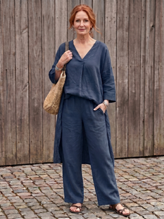 Onyx | Weites Tunika-Oberteil mit weitem Hosen-Set in Marineblau
