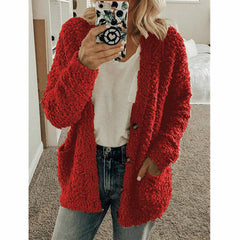 Teddy Damen Fleecejacke Mit Kapuze | Flauschiger Wintermantel in Rot