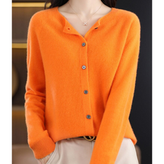 Damen Strickjacke mit O-Ausschnitt aus reiner Merinowoll in Orange