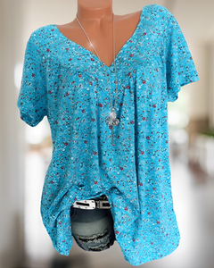 Winslet - V-Ausschnitt Lose Kurzarm Freizeit T-Shirt in Blau