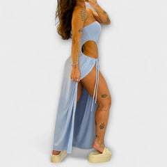 Winona - Bandeau-Tie Bodysuit-Kleid mit Seitenschlitzen in Blau