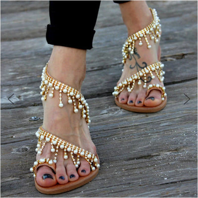 Pia® | Sandalen Flache Perlen Bequeme String Perlen Hausschuhe