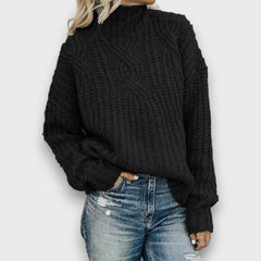Alina – Retro Rollkragenpullover mit Zopfmuster in Schwarz