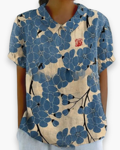 Damen Verspielt Blumendruck Hemdbluse | Locker in Weiß mit blauen Blumen