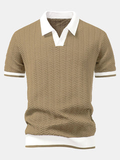 Arleno - Strukturiertes Strickpoloshirt mit V-Ausschnitt in Hellbraun