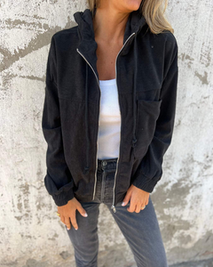 Ella | Damen Cord-Kapuzenjacke – Corduroy Hoodie Jacke in Schwarz
