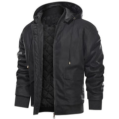 Herren Vegan Lederjacke mit Kapuze in Schwarz