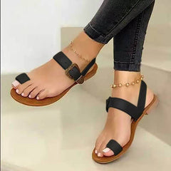 Rosa® | Bequeme, flache Sandalen mit Zehenschnalle, lässige Sandalen in Schwarz