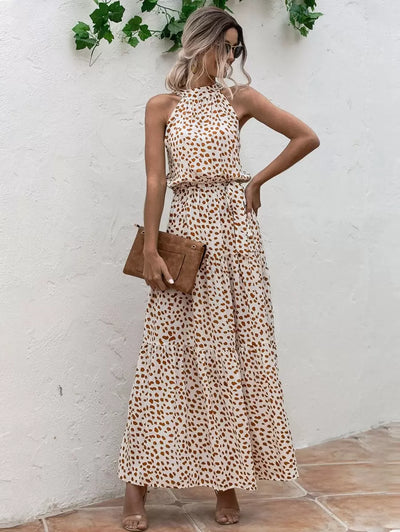 Petra – Maxikleid Damen Mit Muster Gürtel Und Trägerhals