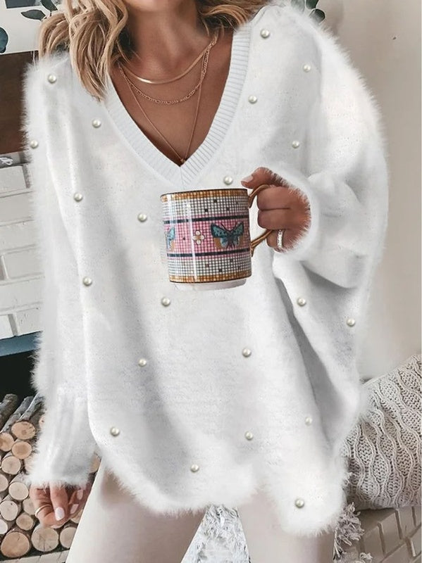 Flauschiger Pullover mit V-Ausschnitt für Frauen