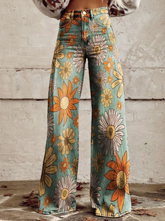 Damen Alle Jahreszeiten Hochtaillierte Denim-Hose mit Blumenmuster in Gelb
