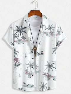 Gregor – Hawaiihemd Herren Pflanzen Print Lässig Sommerurlaub in Weiß