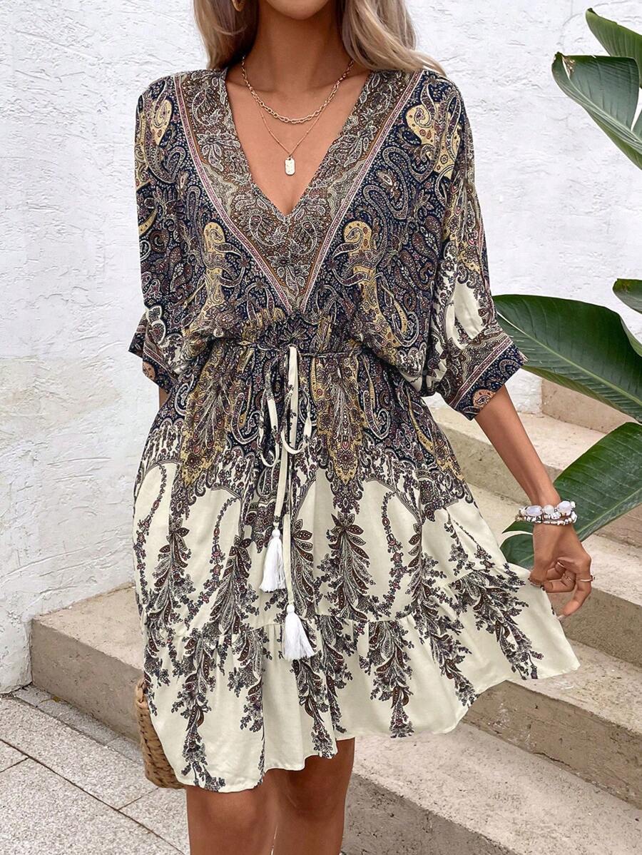 Philippa – Paisley Kleid Damen Fledermausärmel Quasten Urlaub