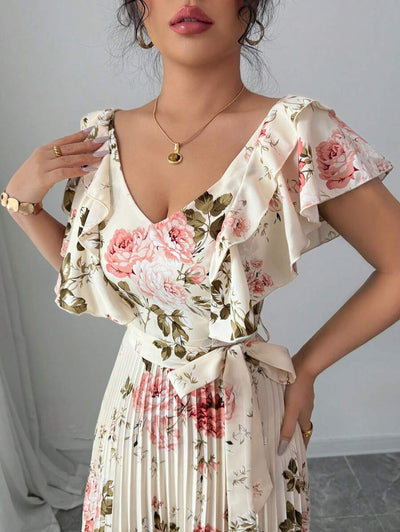 Paulina – V-Ausschnitt Damenkleid Mit Blumenprint Und Volant