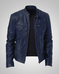 Ralf | Herren Leder-Bikerjacke mit Reissverschluss in Blau