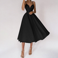 Damen Elegant Abendkleid | Cocktailkleid mit Spaghettiträgern und Herz-Ausschnitt in Schwarz