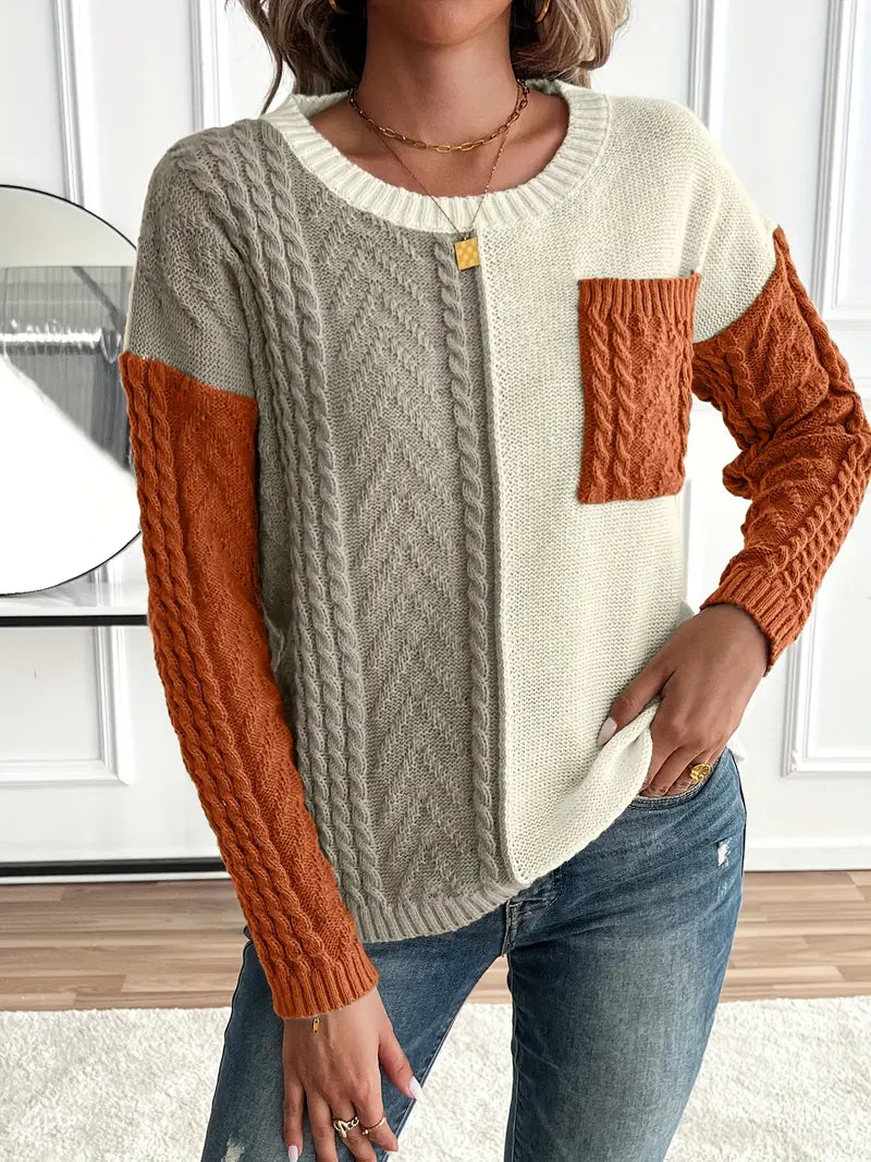 SCHICKER FARBBLOCK RUNDHALS-PULLOVER FÜR DAMEN | MODERN, VIELSEITIG, KOMFORTABEL