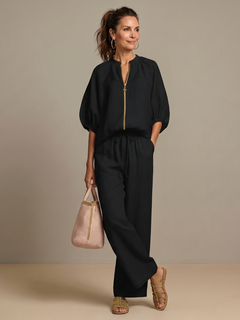 Natalia | Blouson-Top mit Reißverschluss und weit geschnittene Hose in Schwarz