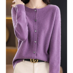 Damen Strickjacke mit O-Ausschnitt aus reiner Merinowoll in Lila