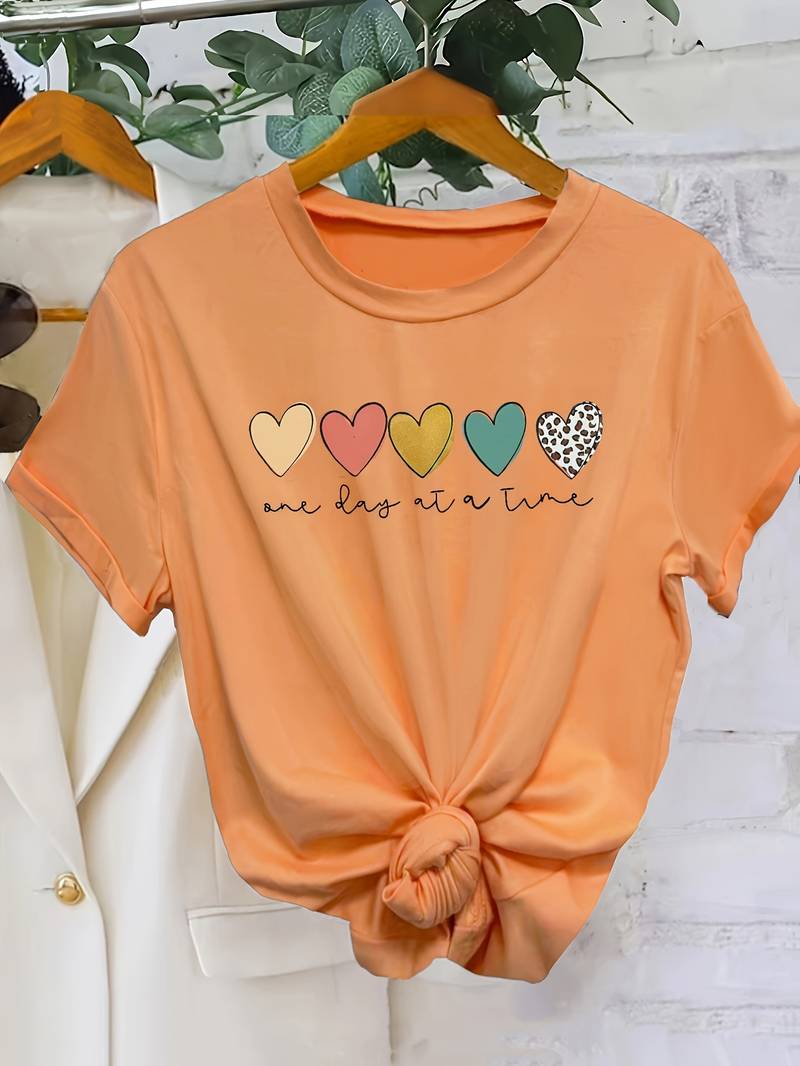 Herz-Print Kurzarm-T-Shirt für Damen