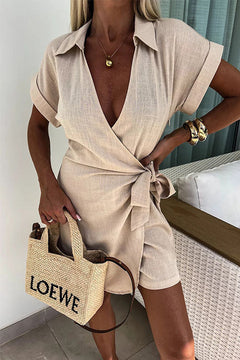 Saskia | Lässiger Leinen-Jumpsuit mit Revers in Apricot