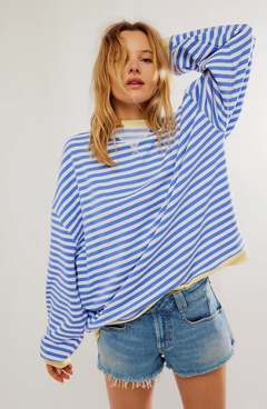 Damen Lässig Rundhals Langarm Shirt Pullover in Blau