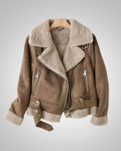Vanessa | Damen Leder Sherpa Bikerjacke in Braun
