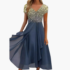 Midikleid für Damen - Elegant mit Pailletten & Chiffonrock in Gold Blau