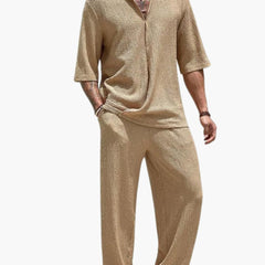 Herren Sommer Set mit Kurzarmhemd und elastischer Hose in Khaki