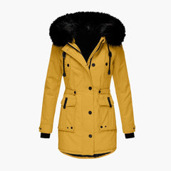 Damen Parka-Jacke mit Kapuze, Knopfverschluss und Pattentaschen in Gelb