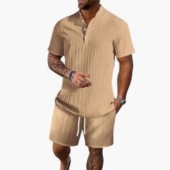 Herren Sommer Set mit Poloshirt und Shorts aus Rippstoff in Khaki