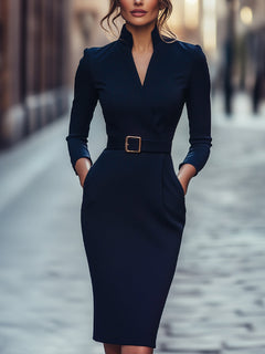 Kloey – Elegantes Midikleid Mit Gürtel Und Kragen in Blau