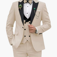 Herren Anzug dreiteilig mit Slim Fit und Kontrastrevers in Beige