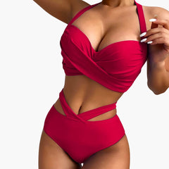 Zweiteiliger Damen-Bikini mit hoher - Taille und Bauchkontrolle in Rot