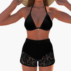 Damen-Bikini-Set mit Neckholder-Oberteil und Spitzenbesatz. in Schwarz