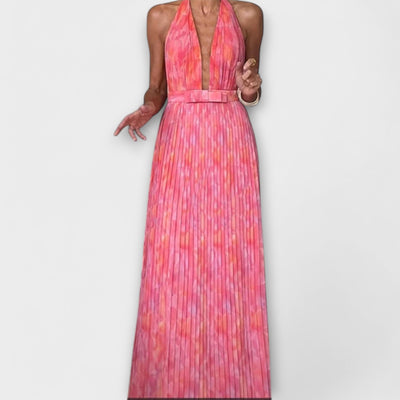 Seraphina - Elegantes Maxikleid mit Halterneck und V-Ausschnitt im Plissee-Design