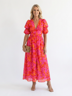 Willow | Florales V-Ausschnitt Midi Kleid mit Puffärmeln in Pink